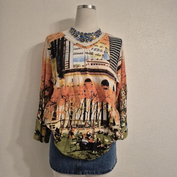 French Postcatds Scenic Novelty Print Long Sleeve Top Soft Womens Size L - Picture 1 of 12